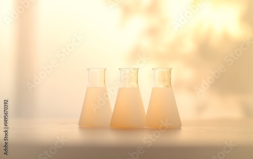 Three Erlenmeyer flasks with light-colored liquid sit on a table against a bright, blurry background.