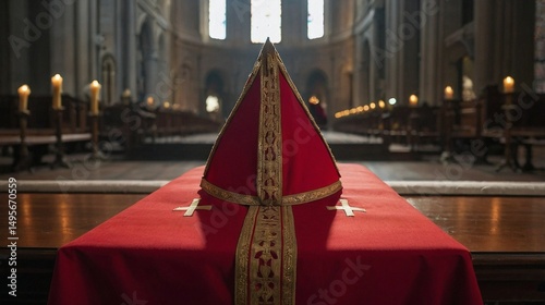 
Red bishop mitre and vestment placed on a wooden table inside a grand church, symbolizing preparation before the papal conclave.
 photo