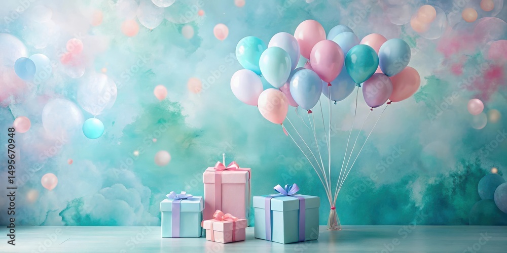 A festive scene featuring pastel-colored balloons and elegantly wrapped presents against a dreamy backdrop