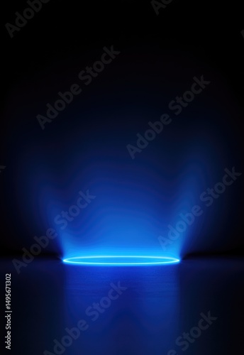 Blue podium with blue neon ring on dark blue background for model products, stage showcase, promotion display.