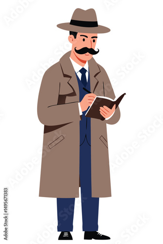 Man in Trench Coat and Hat Writing in Notebook Illustrating Classic Detective Concept