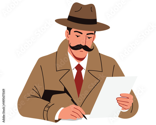 Stylish Man in Trench Coat and Hat Writing on Paper in Minimal Flat Vector Design