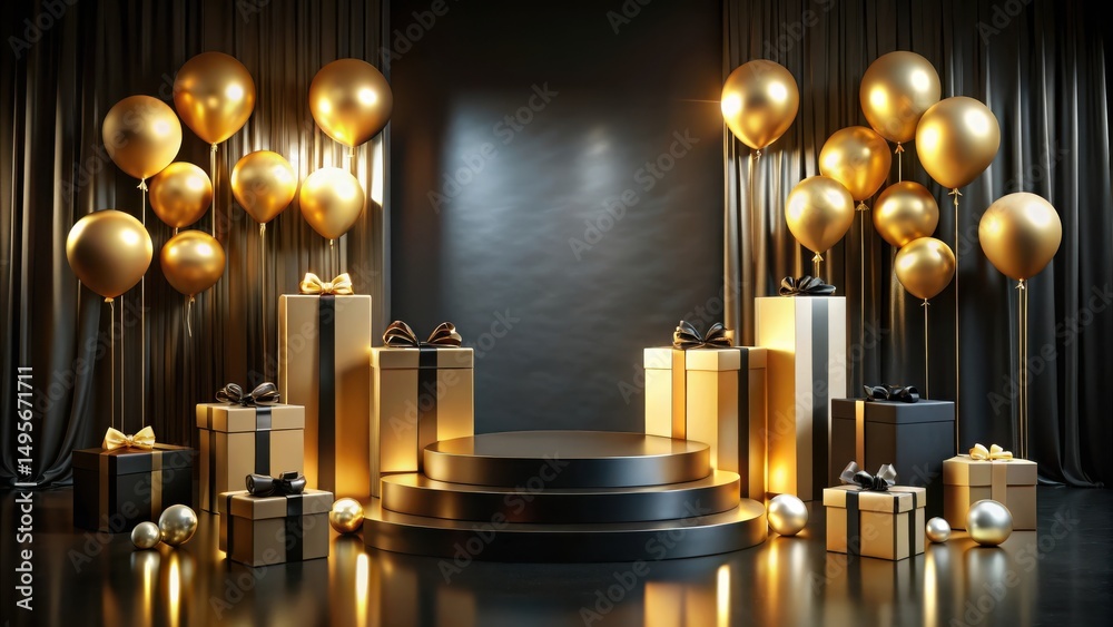 Elegant Celebration Setup with Gold Balloons and Gifts on a Black Stage