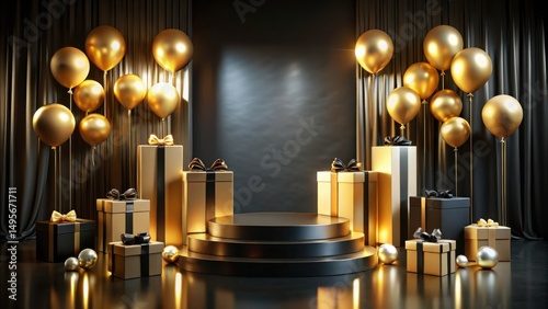 Obraz na płótnie Elegant Celebration Setup with Gold Balloons and Gifts on a Black Stage w salonie