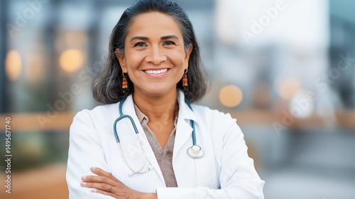 portrait of a female Native-American or Indigenous doctor, standing with arms crossed and wearing lab coat and stethoscope, copy space