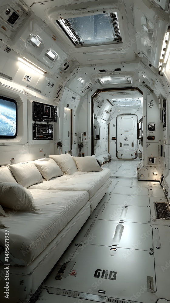 Obraz premium Spaceship Lounge: Futuristic spaceship interior design, featuring a comfortable lounge area with white sofas and pillows, large windows, and sleek metallic walls.