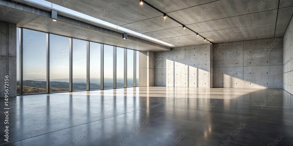 Spacious Modern Concrete Room with Panoramic View of Distant Landscape and Sunlight Streaming Through Large Windows