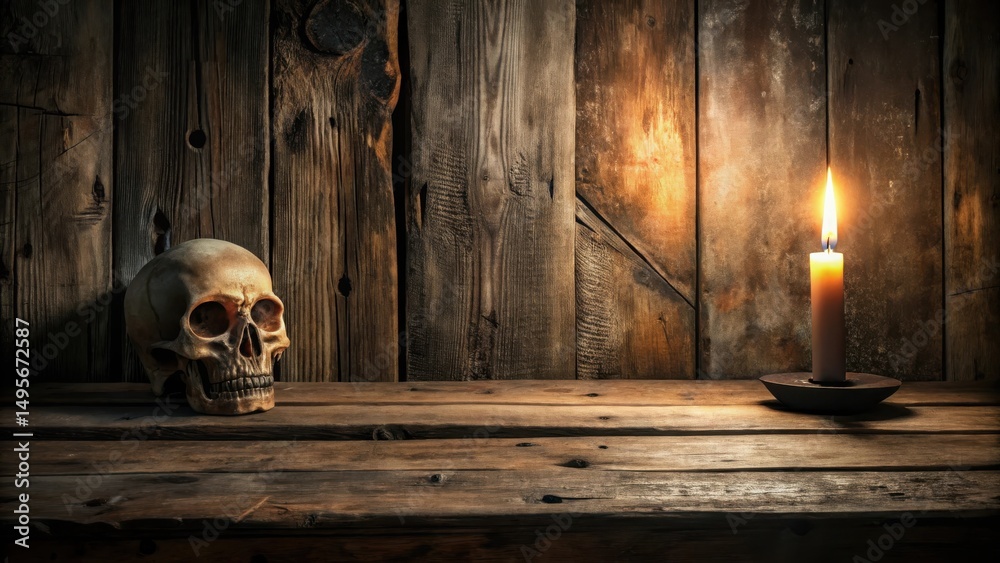 A dimly lit wooden surface displays a human skull and a burning candle