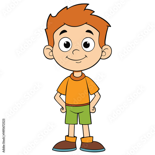 Cartoon boy model with bright shirt on white background