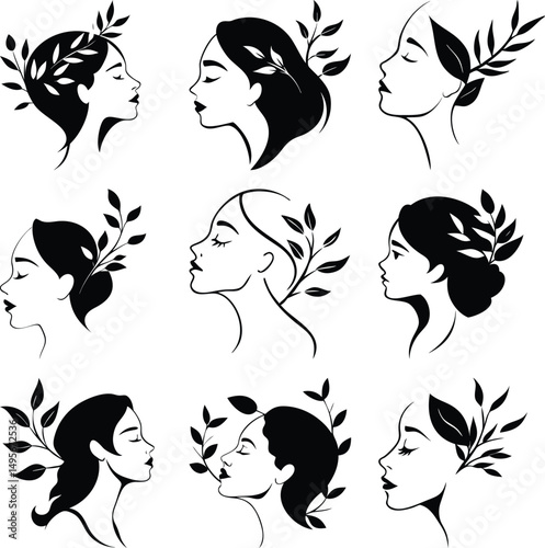 Diverse woman portraits show various hairstyles adorned with foliage in simple black and white