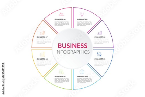 Collection of vector circle chart infographic templates for presentations, advertising, layouts, annual reports. 8 options, steps, parts.