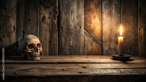 Obraz na płótnie A dimly lit wooden surface displays a human skull and a burning candle w salonie