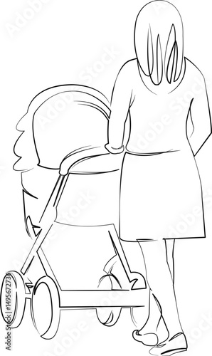 One continuous single drawing line art flat doodle mother, child, pushchair, female, motherhood, baby. Isolated image hand draw contour on a white background, hand drawn, not AI