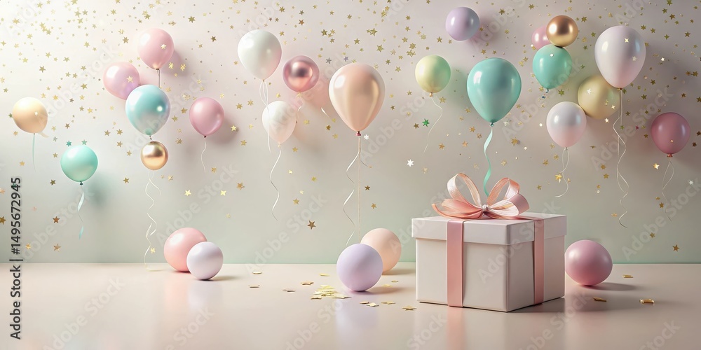 A Festive Celebration Featuring Pastel Balloons and a Gift Box, Perfect for a Birthday or Special Occasion