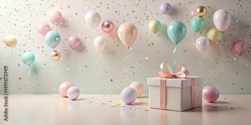 Obraz na płótnie A Festive Celebration Featuring Pastel Balloons and a Gift Box, Perfect for a Birthday or Special Occasion w salonie