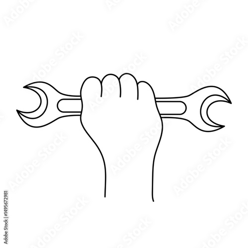 Hand Holding Wrench Outline Vector Illustration. A black and white vector illustration of a hand firmly gripping a double-ended open wrench.