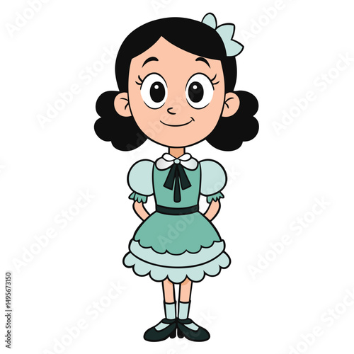 Cartoon girl in ruffled blouse on white background