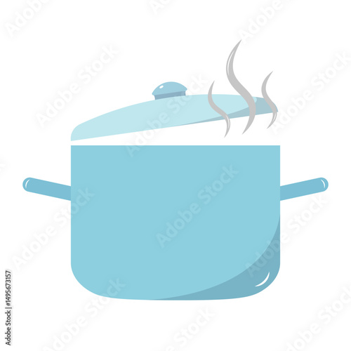 Cooking Pot with Open Lid and Steam Vector Illustration. A culinary cooking pot with an open lid and visible steam rising from inside. The pot has two side handles.