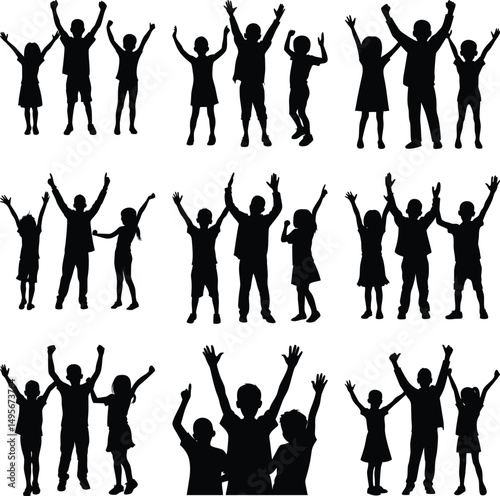Many silhouette kids with arms raised in various poses appear excited in the vector