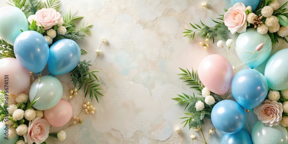 Pastel Balloons and Delicate Floral Arrangement on Textured Background