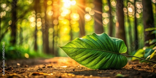 Golden sunlight illuminating a single vibrant green leaf resting on a forest path