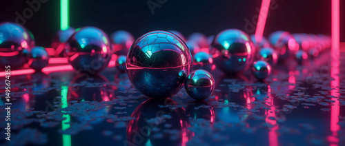 Generative AI Cyberpunk Chrome Spheres with Neon Lights Sphere Light Reflection Surface Metal Ball 3d render Rendering Shiny Futuristic Technology Future Innovation Modern - Download Now