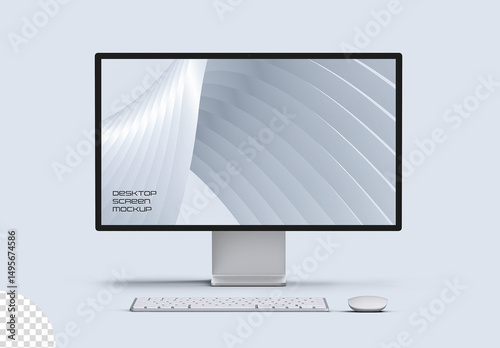 Desktop Computer Screen PC Monitor With Mouse and Keyboard Mockup