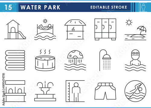 A set of line icons related to Water Park. Water, park, swim, summer, shower, hot water, and so on. Vector editable stroke.