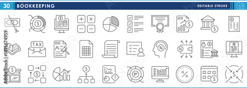 A set of line icons related to Bookkeeping. Money, record, document, profit, loss, mobilization, files, and so on. Vector editable stroke.