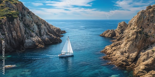 Sailboat navigating a scenic coastal passage between rocky cliffs under a vibrant blue sky.