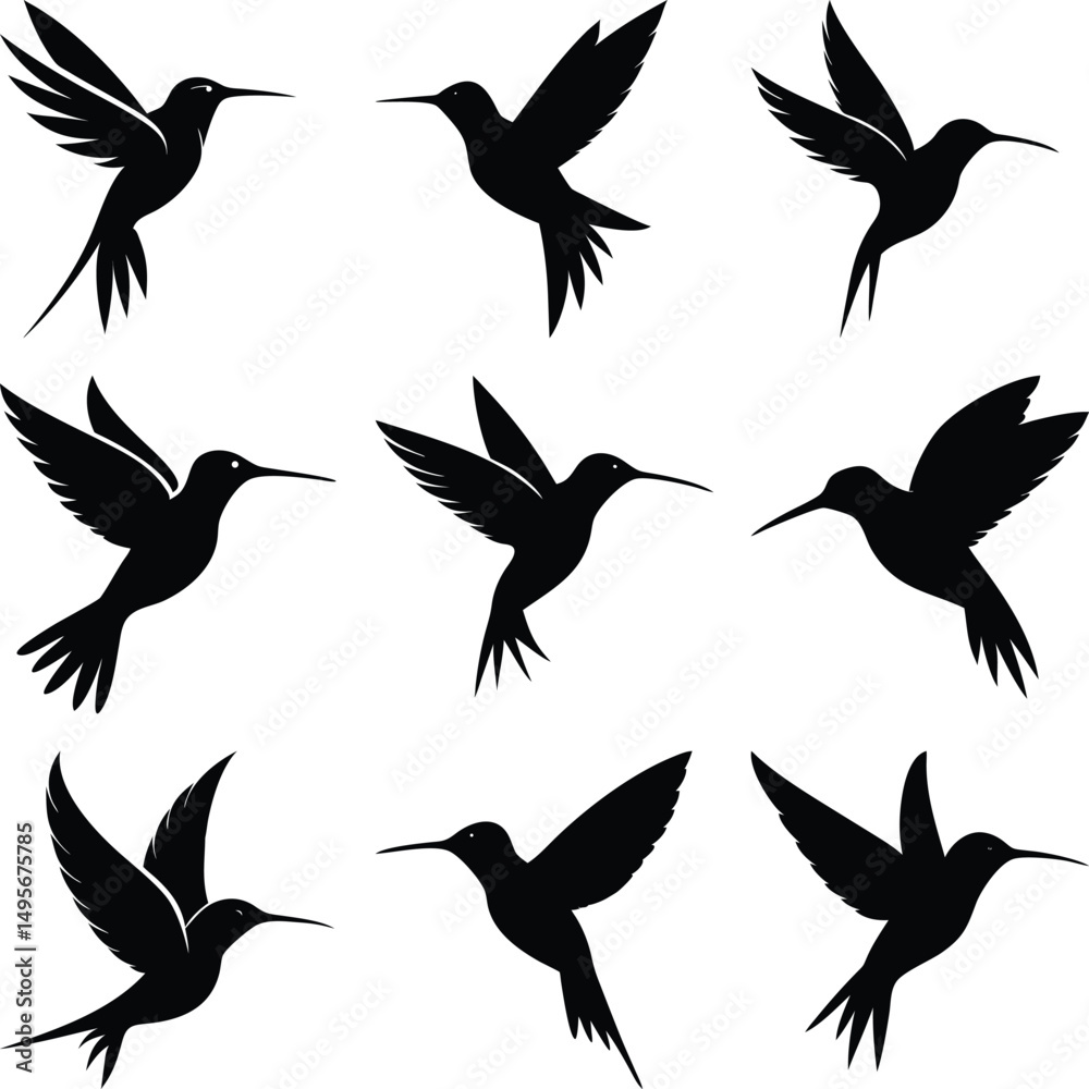 Obraz premium Nine black hummingbird silhouettes display varied wing positions in a clear composition