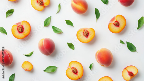 peach fruit and slices floating in the air on white background, 3D Illustration