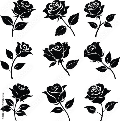 Nine black rose silhouettes displayed with varying flower and leaf arrangements against a white background