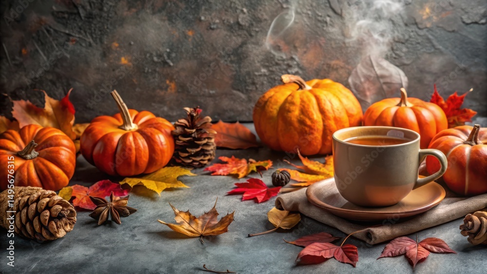 Aromatic Autumnal Beverage with Pumpkins and Fall Foliage