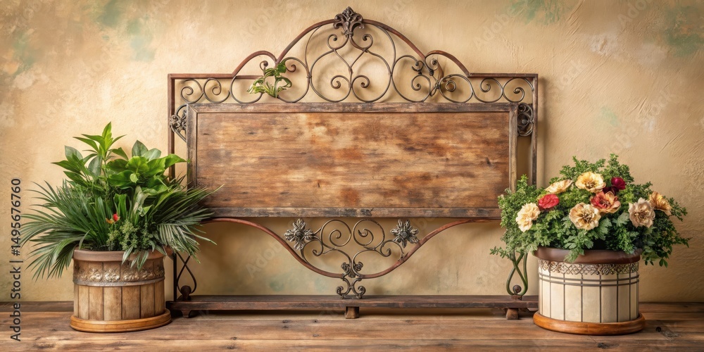 Rustic Wooden Sign with Ornate Metal Frame Flanked by Potted Plants on a Wooden Shelf