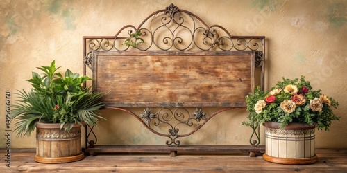 Obraz na płótnie Rustic Wooden Sign with Ornate Metal Frame Flanked by Potted Plants on a Wooden Shelf w salonie