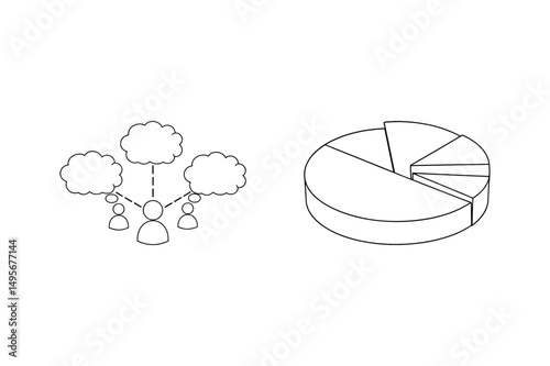 Illustrative diagram showing cloud computing network and pie chart for business data analysis
