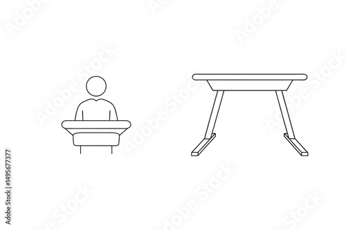 Simple line illustration of a presenter behind a podium and a table or desk