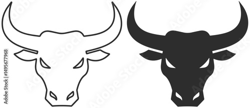 Two bull head icons with a stern look and frowning eyebrows, bull head logo, line and silhouette in black.