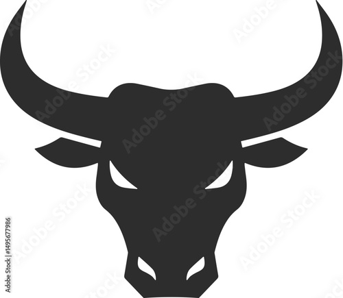 Minimalistic icon of a bull's head with large horns, ears and stern eyes, icon of a bull with splayed nostrils, silhouette in black.