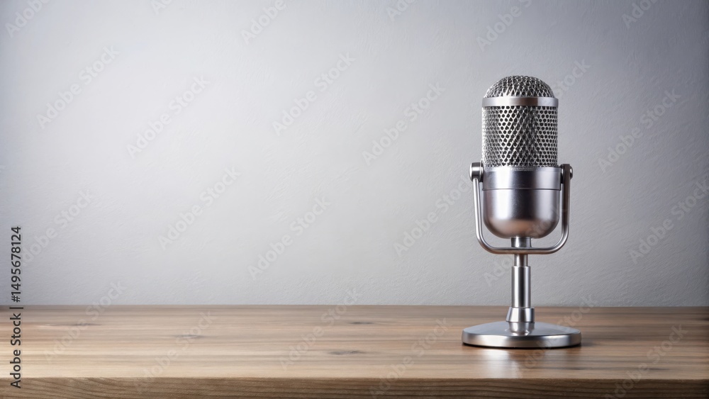 Retro Microphone on Wooden Table Against a Neutral Background A Still Life Image Ideal for Broadcasting, Podcast, or Communication Concepts