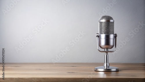 Obraz na płótnie Retro Microphone on Wooden Table Against a Neutral Background A Still Life Image Ideal for Broadcasting, Podcast, or Communication Concepts w salonie