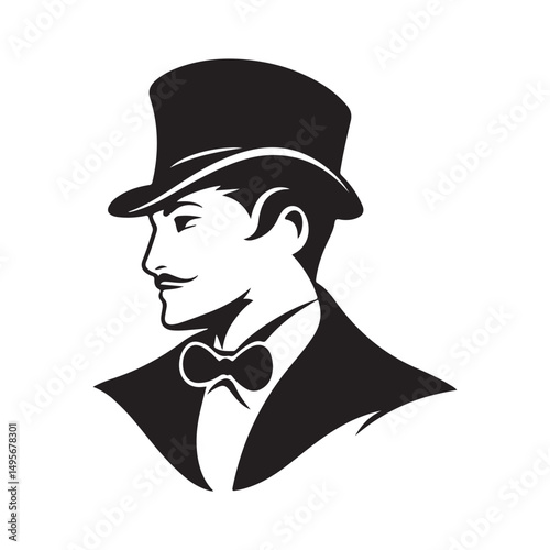 A stylish man in a top hat and bow tie, illustrated in a monochrome style.