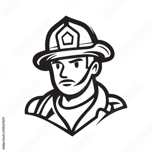 A fireman's illustration in a bold, black-and-white style.