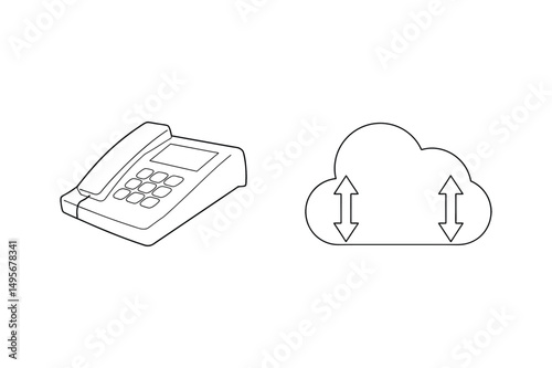 Landline phone and cloud data communication concept illustrated with simple black outlines
