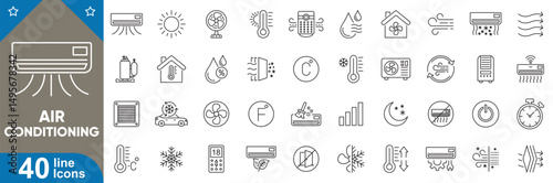 Air conditioning icons set. Modern cooling, heating, ventilation, thermostat, smart ac, remote control, energy efficient system, climate control symbols collection vector illustration.