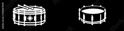 Drum Set Essentials: A black and white graphic illustration of a drum set, featuring a bass drum and a snare drum, with drumsticks laying on top of the snare drum. The image is perfect for musicians.