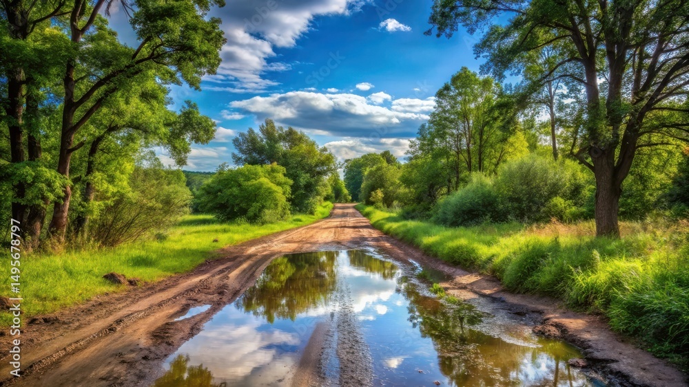 Serene Country Road Reflecting a Sunny Sky in a Puddle of Tranquility