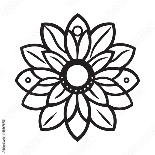 A black and white illustration of a stylized flower mandala.