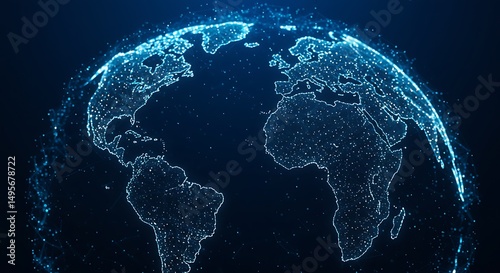 Digital Globe of Interconnected Lines and Data Points on Dark Blue Background Generative AI

